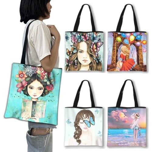 Pretty Girl Butterfly Print Causal Hangbag Women Tote Bags Ladies Shoulder Bag for Travel Leisure Large Capacity Shopping Bags
