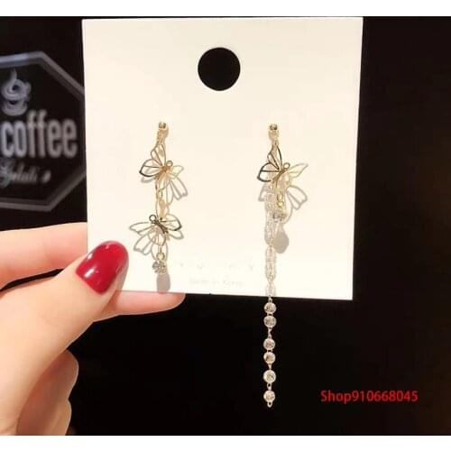 2021 new slim bow earrings female long model temperament asymmetrical tassels high sense of simplicity Korean earrings birthday