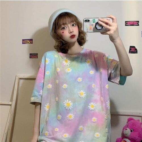 Small Daisy Print Women Tops Tshirt Tie Dye Korean T Shirts Summer Short Sleeve Fashion T Shirts Preppy Couple Clothes Tee Shirt