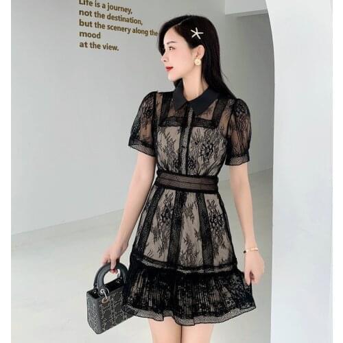 New Runway Lace Patchwork Womens Party Sexy See Through Mini Short Sleeve Dress Harajuku Casual Female Mesh Dress Vestido