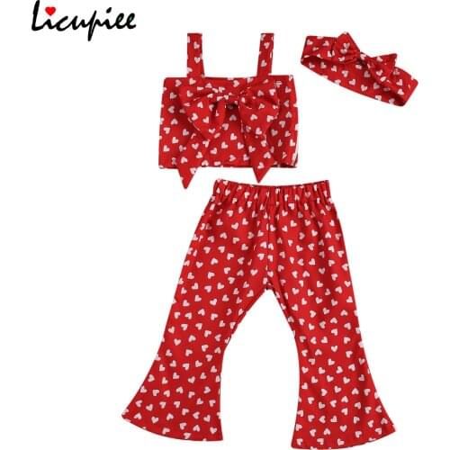 1-4 Years 3pcs Baby Summer Outfits Heart Printed Bowknot Sleeveless Vest + Bell-bottom Pants + Hairband for Toddlers Girls