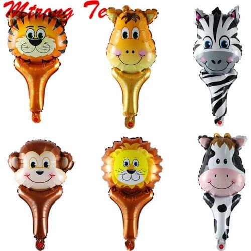 10pcs Animal Head Hand Stick Foil Balloons Tiger Lion Monkey Giraffe Air Ballon Birthday Party Decorations Baby Shower Kids Toys