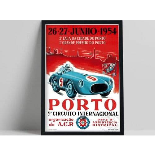 1955_porto_internationale_curcuit Motor Racing Poster, Red Background Blue Racing Art Prints, 5 Circuito Internacional Art Decor