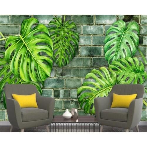 Beibehang Custom wallpaper Nordic plant green leaves brick wall hand-painted TV background wall living room bedroom 3d wallpaper