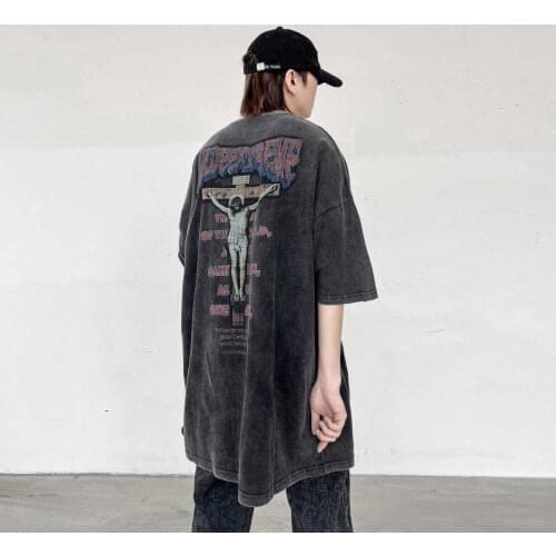 Mralmost Old Wash High Street Dark Jesus Print European And American Retro T-Shirt Short Sleeve Fashion Brand Top Groot Befree