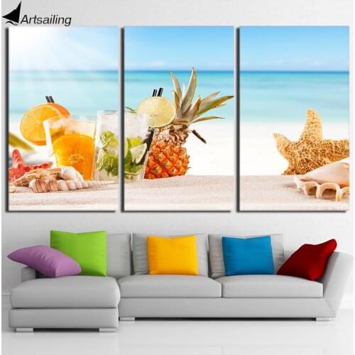 HD Printed 3 Piece Canvas Art Ice Fruit Drink Painting Beach Poster Shells Wall Pictures for Living Room Free shipping NY-6969D