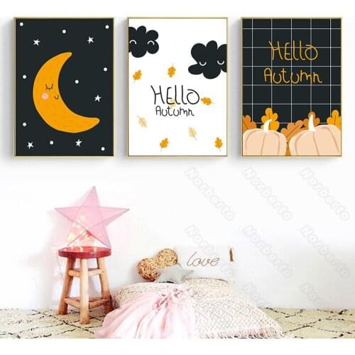 Modern Style Canvas Painting Poster Cartoon Moon Little Stars Pumpkin Chicken Quota Hello Autumn for Home Rooms Wall Decoration