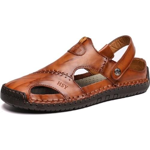 Summer Genuine Leather Mens Slippers Size38-48 Classical Roman Sandals Outdoor Breathable Casual Slip-on Beach Slippers for Men