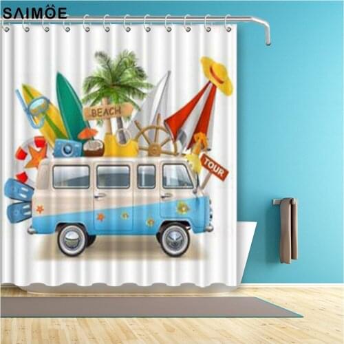 Cartoon Beach View Bathroom Curtain Surf Weekend Waterproof Shower Curtain Polyester Fabric Bathtub Curtain Bathroom Shower Sets