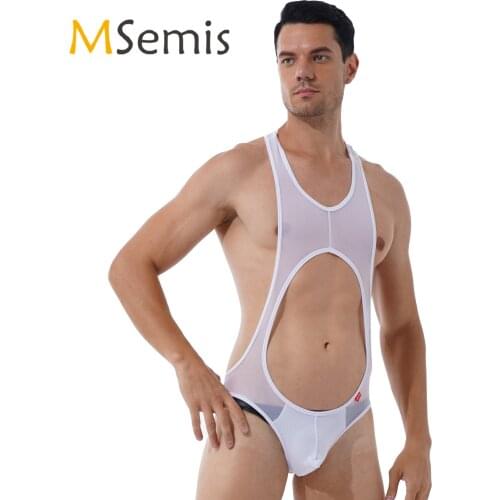Gay Mens Lingerie Wrestling Singlet Bodysuit Hollow Out Sleeveless Teddies Costume See-through Mesh Bulge Pouch Skinny Jumpsuit