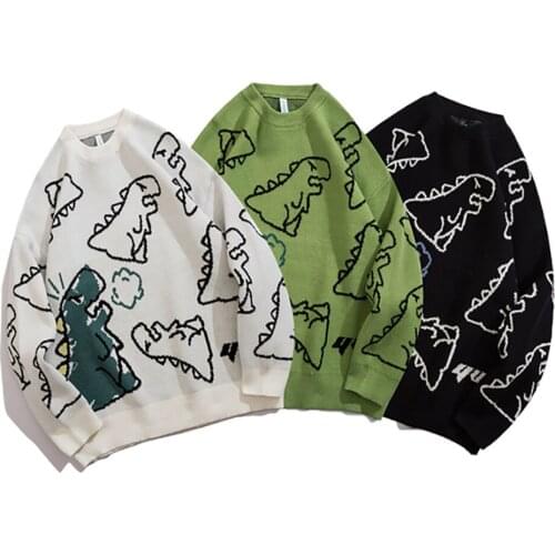 Mens Winter Sweater Korean Style Vintage O-Neck Knitted Pullover Cartoon Dinosaur Printing Streetwear Branded Mens Clothing