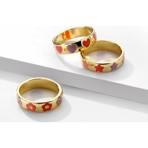 Korea Fashion Colorful Dripping Oil Heart Flower Star Rings Set for Women Trendy Gold Round Enamel Crystal Metal Rings Jewelry
