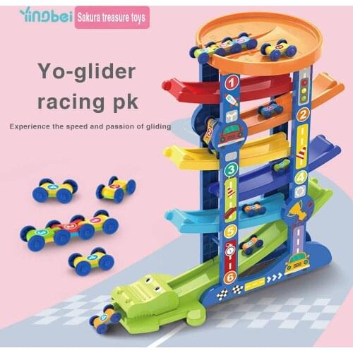 NEW Wooden 7-Layer Ramp Race Track & 6 Inertia Car Sliding Toy Vehicel&Train Baby Toddler Motor Skill Developmental Kids Gift