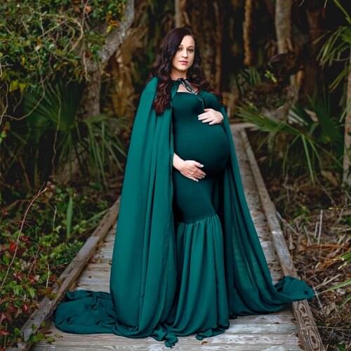 D&J New Long Cloak Cape Dress Sets with 3m Long Train Soft Chiffon Pregnancy Maxi Dress Maternity Photo for Photo Shoot Props