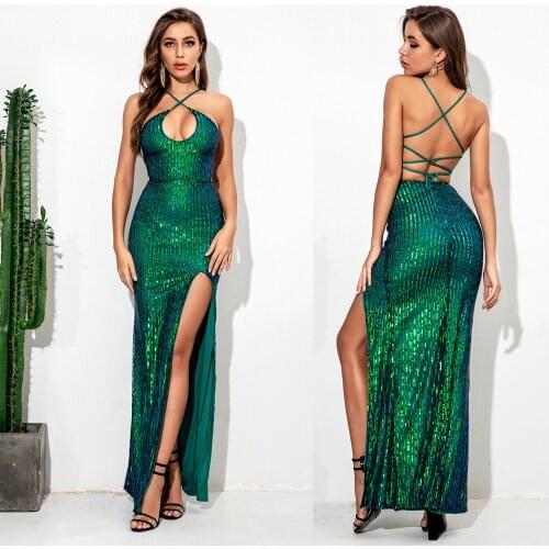 Sexy Silver Sequined Maxi Party Dress Green Sequins Backless Bodycon V Neck Full Lining White Dress
