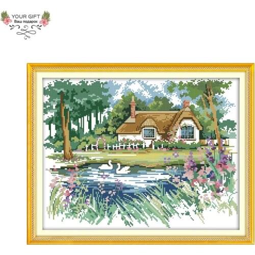 Your Gift F417 Free Shipping Counted and Stamped Home Decor The Pond-side Cabin Needlepoint Embroidery Cross Stitch Kits