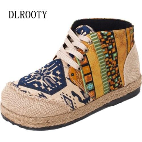 Women Canvas Shoes National Style Flat Hemp Embroider Ankle Round Toe Lace Up Casual Female Fashion Summer Breathable Platform