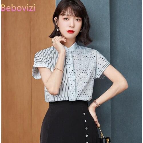 Bebovizi S-XXL 2021 New Korean Stripe Fashion Chiffon Summer Button Up Casual Shirts Tops for Women Office Lady Work OL Clothes