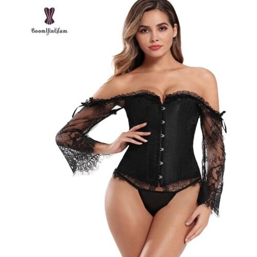 Plus Size 6XL Long Sleeve Ruffled Floral Korset Women Suit Overbust Top Fashion Costume Lace Up Boned Corset And Bustier