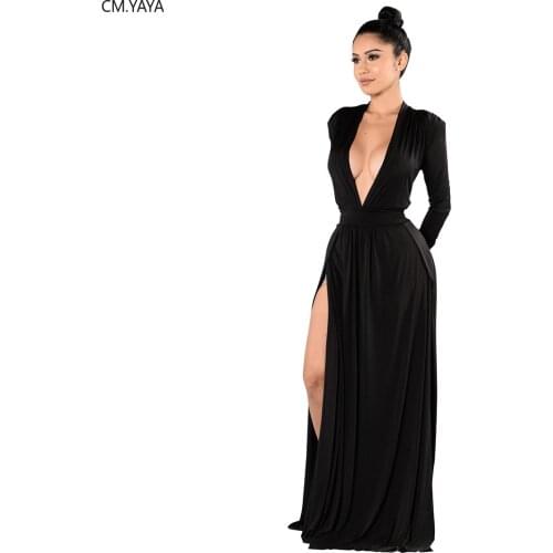 CM.YAYA Women Deep V-neck High Split Maxi Party Club Dress Bandage Party Night Club Night Long Sleeve Long Dresses Vestidos
