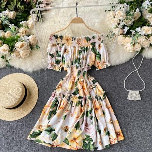 Bohemian 2021 Summer Floral Dress Sweet Women Short Sleeve Elastic Waist Sexy Slash Neck Vestidos Shoulder Off Mini Short Dress