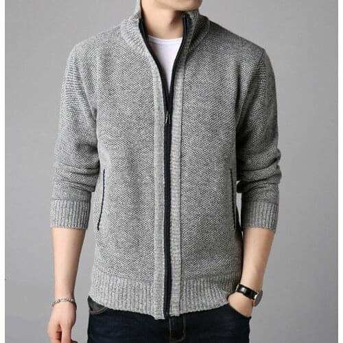 Winter Fleece Mens Sweater Coat Side Pocket Long Sleeve Knitted Cardigan Full Zip Autumn Warm Male Fashionable Causal Clothing