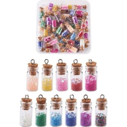 1 set Glass Wishing Bottle Pendant Decorations with Resin Rhinestone and Glass Micro Beads Cork Stopper Mixed Color DIY Jewelry
