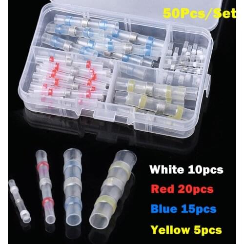 50PCS Heat Shrink Butt Wire Connectors Waterproof Tinned Copper Solder Seal Terminals Set Insulated Shrinkable Tubing Kit