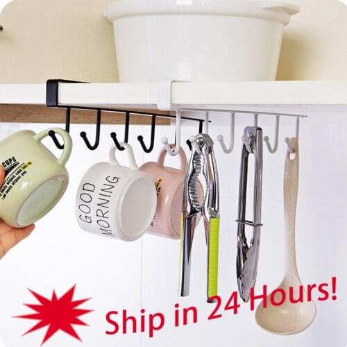 6 Hooks Cup Holder Hang Cabinet Under Shelf Mug Cup Cupboard Organizer Hooks Cupboard Storage Rack Hanging Kitchen Gadgets