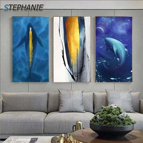 Abstract Blue Whale Poster and Print Gold Sea Boat Canvas Painting Gold Wall Picture for Living Room Purple Moon Night Wall Art
