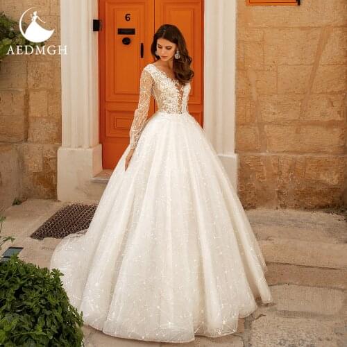 Aedmgh Ball Gown Princess Wedding Dresses 2021 Sweetheart Long Sleeve Bride Dress Lace Appliques Court Train Robe De Mariee