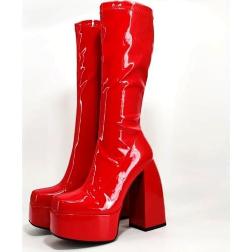 American European pop patent leather shoes woman knee high boots autumn winter high heels thick platform red zipper snow boots