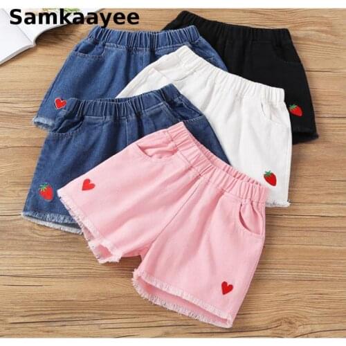 4-15y Kids Shorts Summer Girls Jeans Pants Solid Trousers Princess Elastic Waist Button bowknot Children Casual Clothing s15