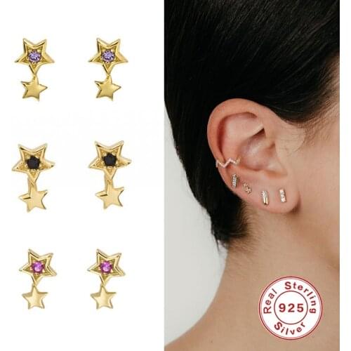 GS 925 Sterling Silver Double Star Stud Earrings For Women Girls Gift Purple Black Zircon Crystal Ear Stud Party Fine Jewelry