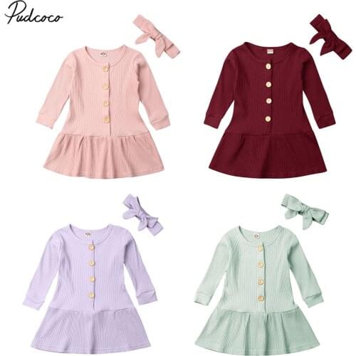2019 Baby Spring Autumn Clothing Newborn Baby Girl 2PC Clothes Set Knitted Ribbed Sweater Dress Long Sleeve Gown Headband Outfit