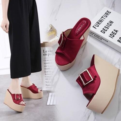 Summer new thick-bottomed slope with high-heeled square-shaped buckle slippers super high heel comfortable sandals