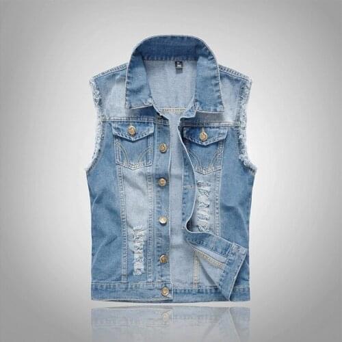 New Ripped Jean Jacket Mens Denim Vest Hip Hop Jean Coats Waistcoat Men Cowboy Brand Sleeveless Jacket Male Tank Plus Size 6XL
