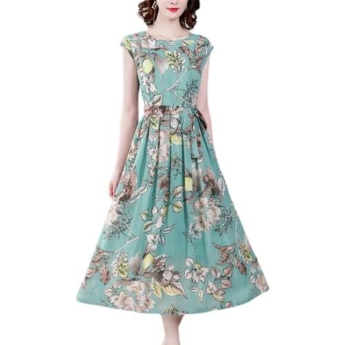 LUKAXSIKAX 2021 New Summer Women O-Neck Sleeveless Slim Long Dress Elegant Fashion Print Chiffon Dress