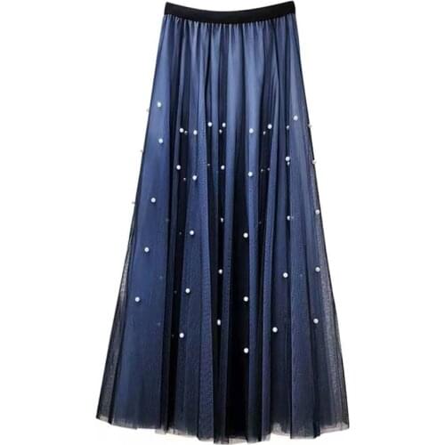 LUKAXSIKAX 2021 New Spring Autumn Women High Waist Slim Long Skirt High Quality Beading Pleated Hem Mesh Skirt