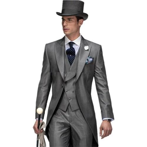 New Grey Italian Mens Tailcoat Wedding Suits for Men Groomsmen Suits 3 pieces Groom Wedding Suits Peaked Lapel Men Suits
