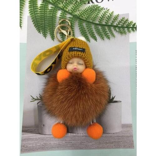 NEW Sleeping Baby Doll Keychain Pompom Fox hair Fur Ball Key Chain Car Keyring Women Holder Bag Pendant Charm Accessory