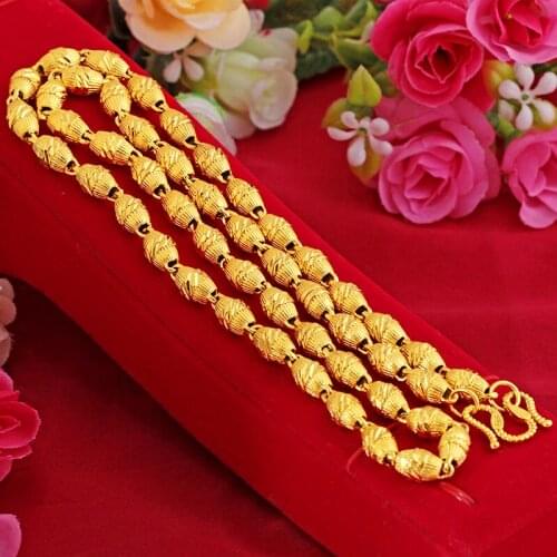 24k Yellow GoldSolid Olives Shaped Necklaces for Men 60cm Male Necklace Chain Clavicle Wedding Party Fine Gold Jewelry Gifts