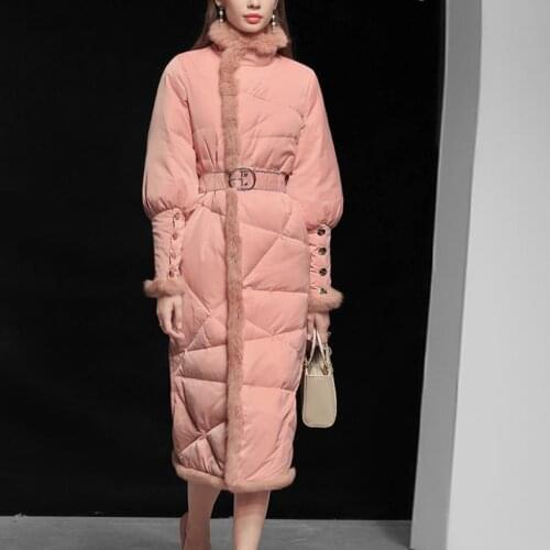 Winter Womens Real Rabbit Fur Sticthing Long Fluffy Down Coat Female Was Thin Thick Warm Down Jacket Parkas With Belt F2509