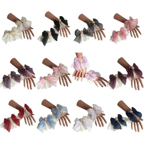 Sweet Lolita Wedding Wrist Cuffs Floral Lace Tulle Bow Bracelet Wristband Imitation Pearl Charm Cosplay Hand Sleeves