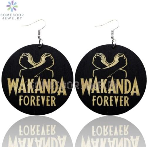 SOMESOOR Laser Engraved WAKANDA Forever African Wooden Drop Earrings Memorial Memorial Boseman Black King Loops For Women Gifts