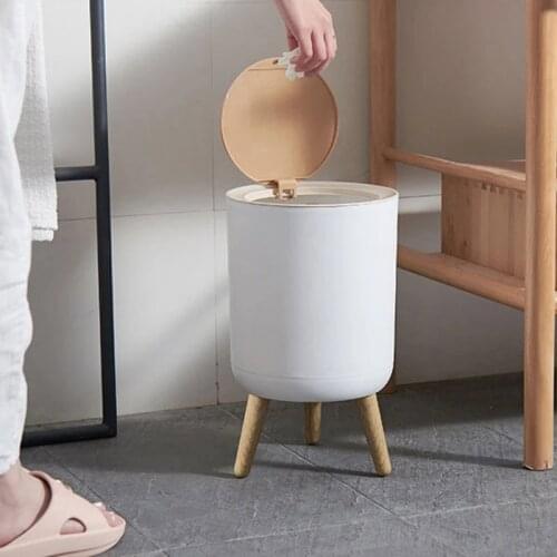 Wooden Trash Can With Lid High Foot Waste Container Press Garbage Living Room Kitchen Garbage Bucket Household Cleaning Tools