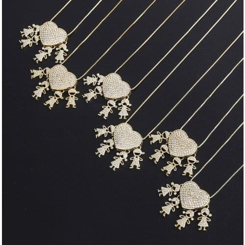 Gorgeous Family Member Pendant Necklace Fashion Micro-Studded Zircon Love Heart Boy Girl Parent-Child Jewelry Necklace for Women