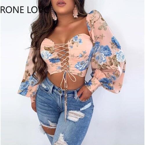 Women Lace-up Floral Drawstring Long Sleeves Blouse Shirt Spring Tops and Blouses