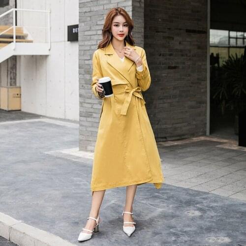 Womens Windbreaker 2020 Spring Autumn New Fashion Personality Yellow Outwear Casual Lapel Mid-long Thench Coat Female Q100