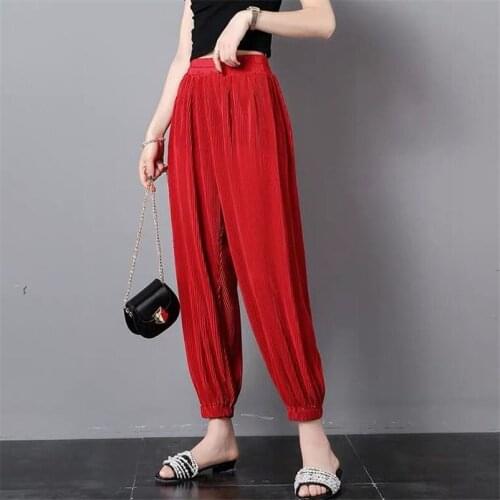 Summer Women Ankle-Length Pants Grey Khaki Red Candy Color Streetwear Pants Women High Waisted Trousers Plus Size M-6XL 7XL